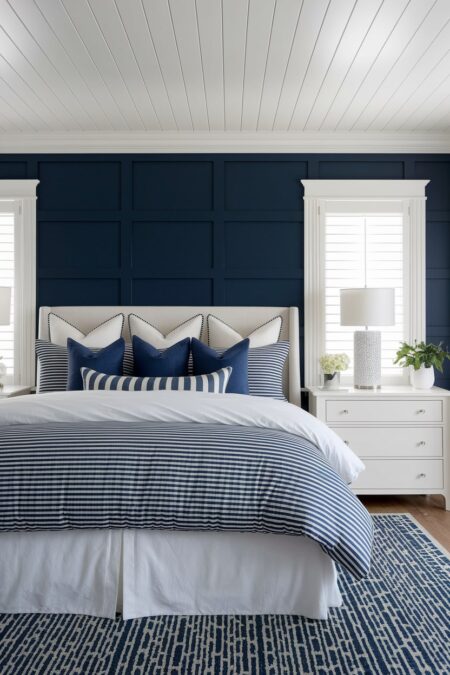 coastal bedroom with navy blue board and batten wall, striped navy blue and white bedding, white nightstands