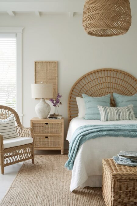 coastal bedroom with rattan headboard, wicker armchair and rattan fronted nightstands, soft blue accent pillows and throw blanket