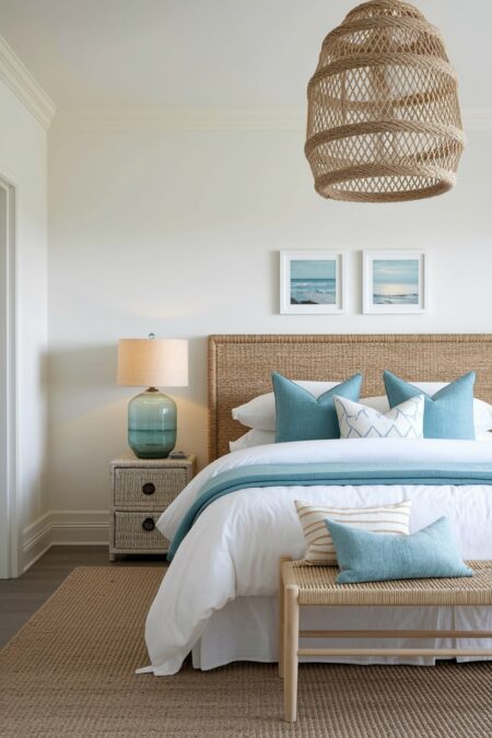 coastal bedroom with sea blue table lamp base, woven pendant light, jute headboard, and blue accents