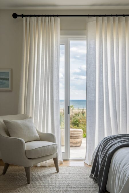coastal bedroom with sheer linen curtains and light armchair