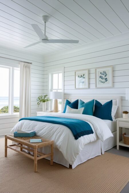 coastal bedroom with shiplap walls, blue accent pillows, and throw sisal area rug