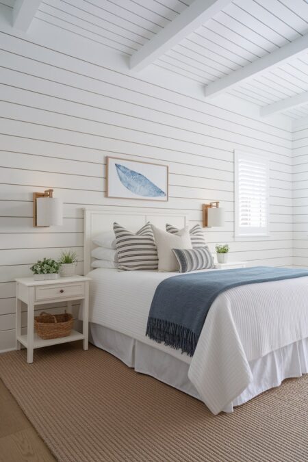coastal bedroom with shiplap walls, blue throw blanket, white nightstands, and jute or woven area rug