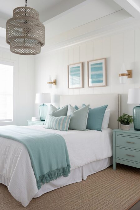 coastal bedroom with white walls and muted tones of sea glass in textile, table lamps, and nightstands