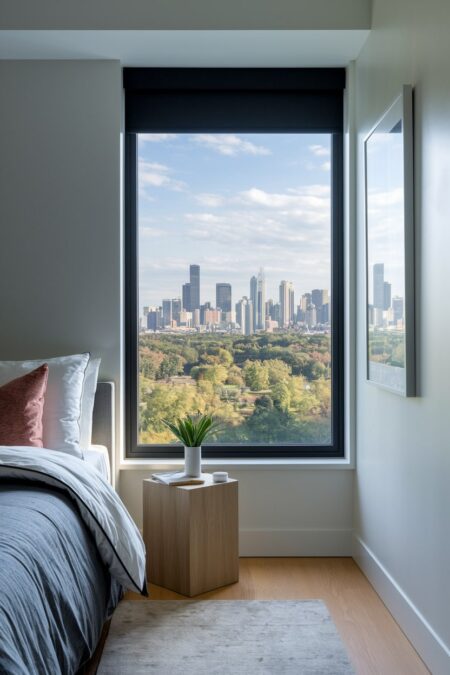 contemporary bedroom has black window frame with a beautiful view of a city skyline and black blackout blinds