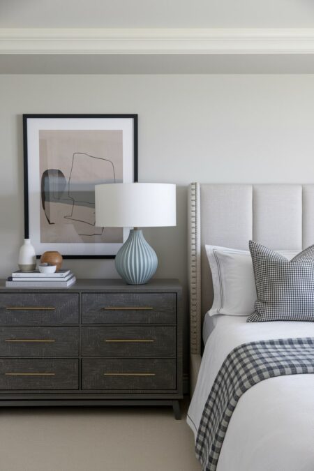 contemporary bedroom with a gray dresser as nightstand and muted light blue table lamp