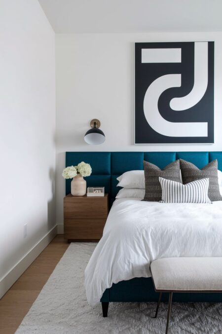 contemporary bedroom with blue bed frame and large black and white abstract painting
