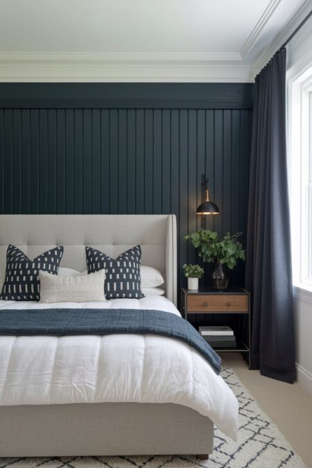 contemporary bedroom with dark navy blue accent wall with vertical wall panels