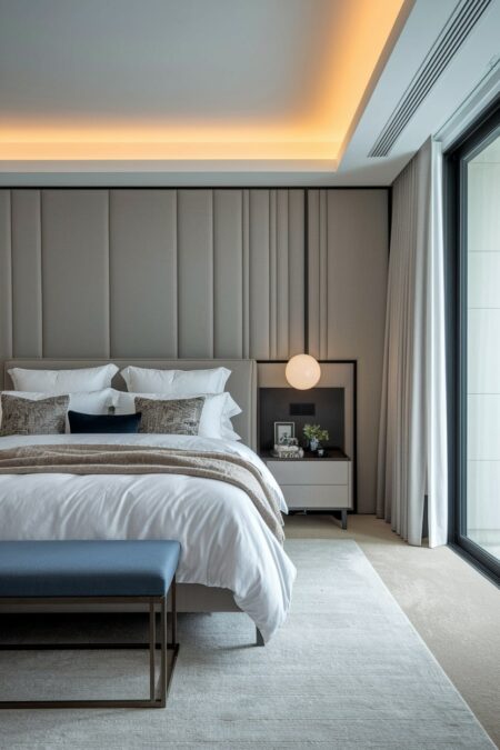 contemporary bedroom with neutral upholstered wall panels, smart lighting, and smart curtains