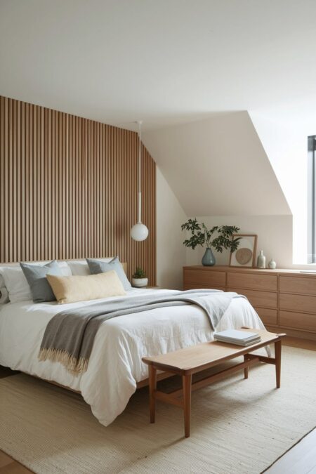 contemporary bedroom with wood wall panels, large wood dresser near the window, and wood bench at the foot of the bed