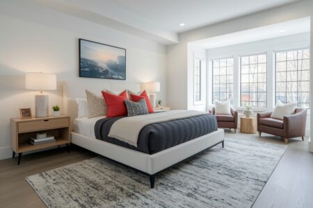 contemporary master bedroom with a dark gray blanket, coral red accent pillows, and two brown leather armchairs