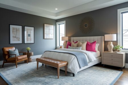 contemporary master bedroom with gray walls, leather armchair and bed bench, pink accent pillows