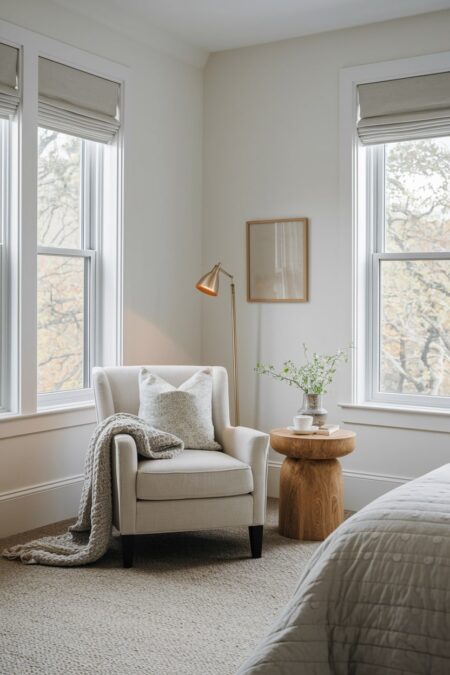 cozy bedroom has reading nook with a light comfortable armchair, wooden side table, and gold floor lamp