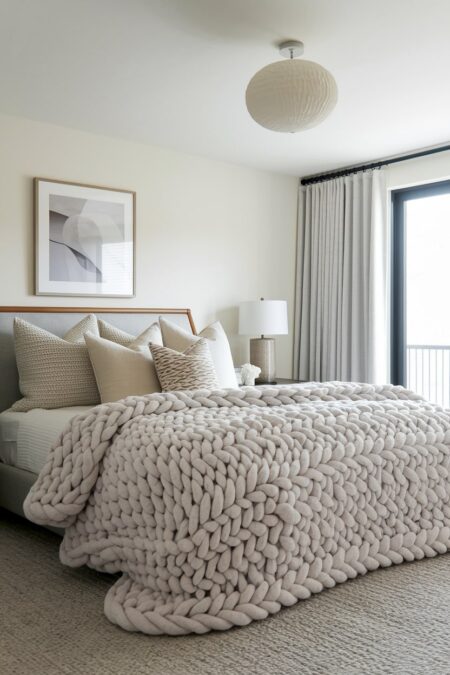 cozy bedroom with an oversized chunky knit blanket on the bed