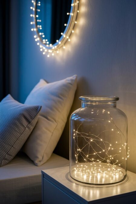 cozy bedroom with fairy lights inside a large glass jar on the nightstand and around the mirror