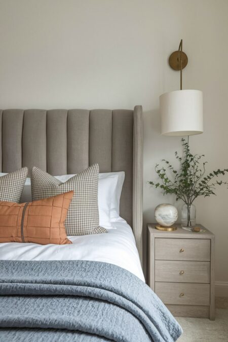 cozy bedroom with gray channel tufted headboard