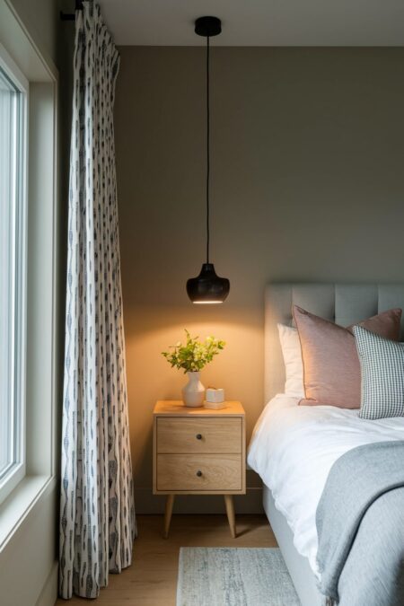 cozy bedroom with gray upholstered bed frame, black pendant light, and wooden nightstand