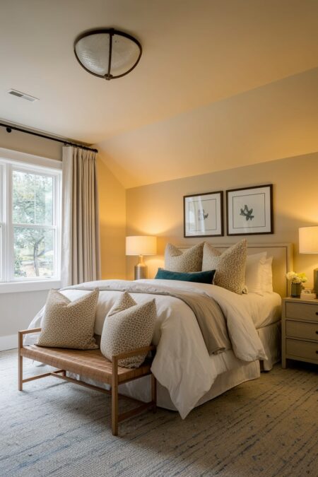 cozy bedroom with multiple light sources, bench at the foot of the bed with two pillows