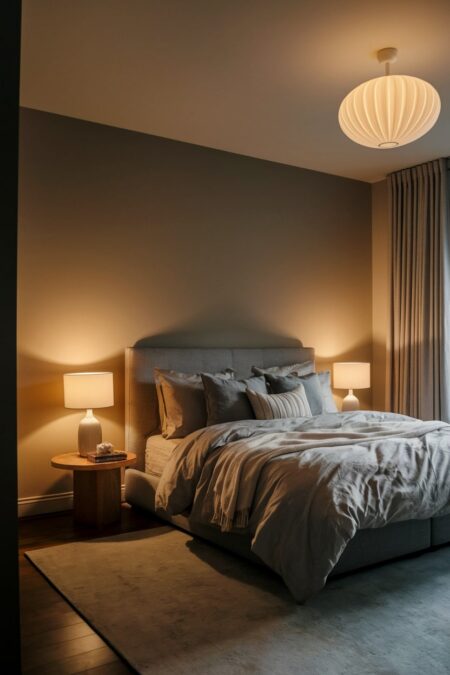 cozy bedroom with warm lighting, gray bed frame and area rug