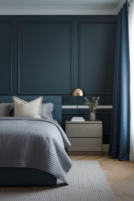 dark contemporary bedroom with monochromatic blue color scheme