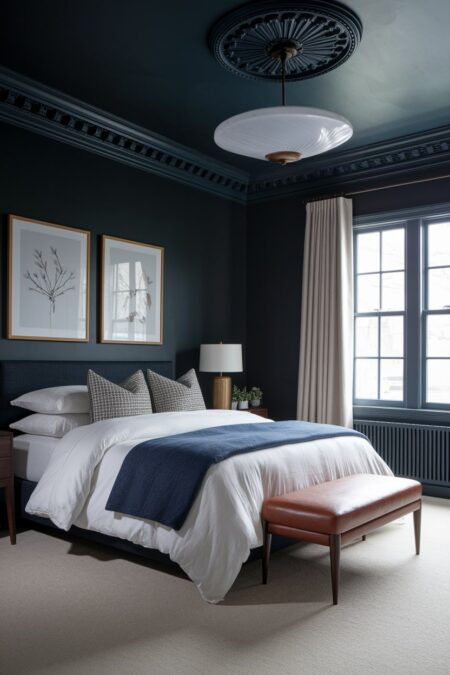 dark master bedroom with navy blue ceiling with decorative ceiling medallion around the light fixture and leather bed bench