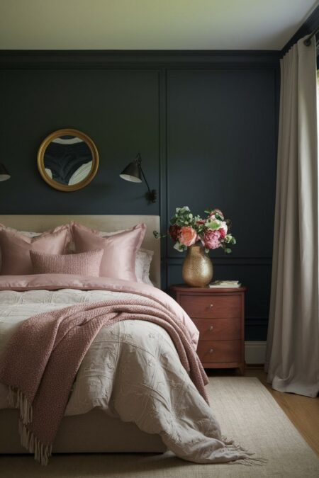 dark romantic bedroom with charcoal gray walls, silk light rose pillows, wooden nightstand, and a gold vase