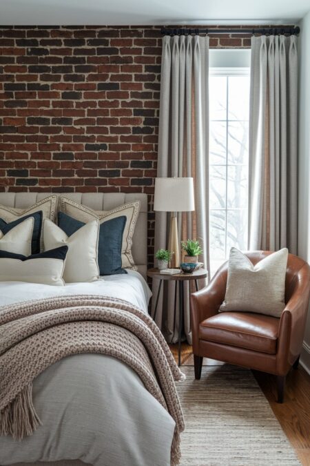 eclectic bedroom with a plush velvet throw pillow on a leather chair, exposed brick wall, and gold table lamp