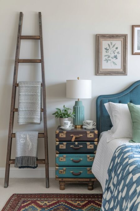 eclectic bedroom with a stack of vintage suitcases as nightstand and old wooden ladder used for hanging blankets