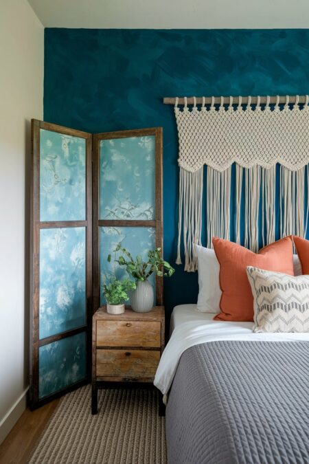 eclectic bedroom with dark blue limewashed accent wall and macrame weaving instead of headboard