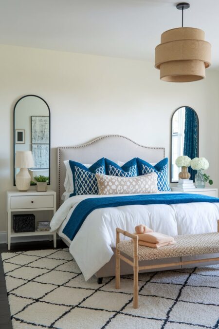 eclectic bedroom with grid pattern area rug and decorative pillows