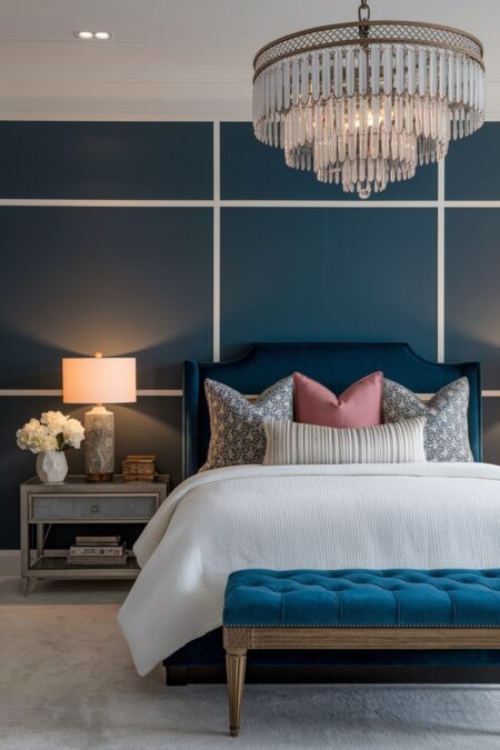 eclectic bedroom with navy blue walls, velvet navy blue bed frame and bench, oversized crystal chandelier