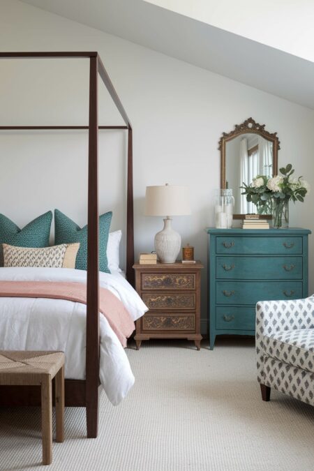 eclectic bedroom with nightstand and dresser from different eras and modern four-poster bed