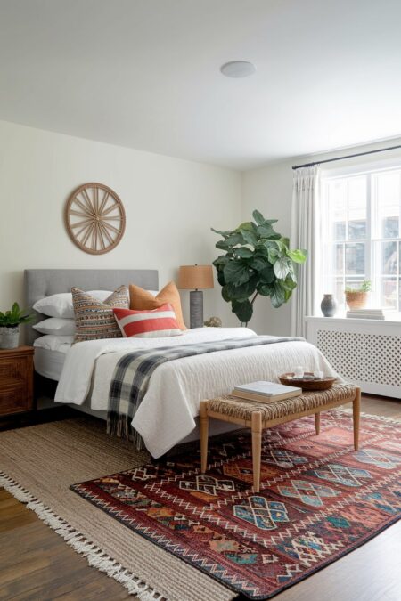 eclectic bedroom with patterned rug on top of the large jute area rug