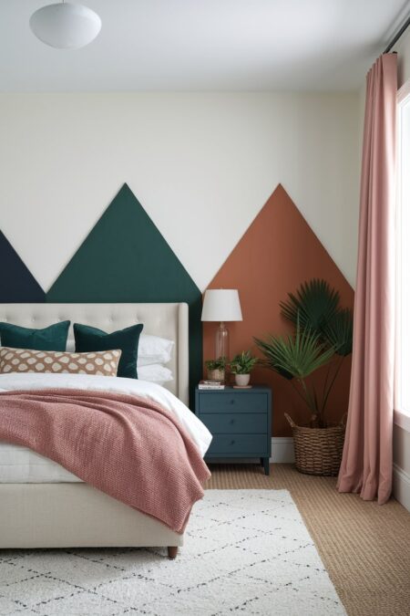 eclectic bedroom with soft blush pink textiles and geometric elements behind headboard in terracotta, emerald, and navy blue colors