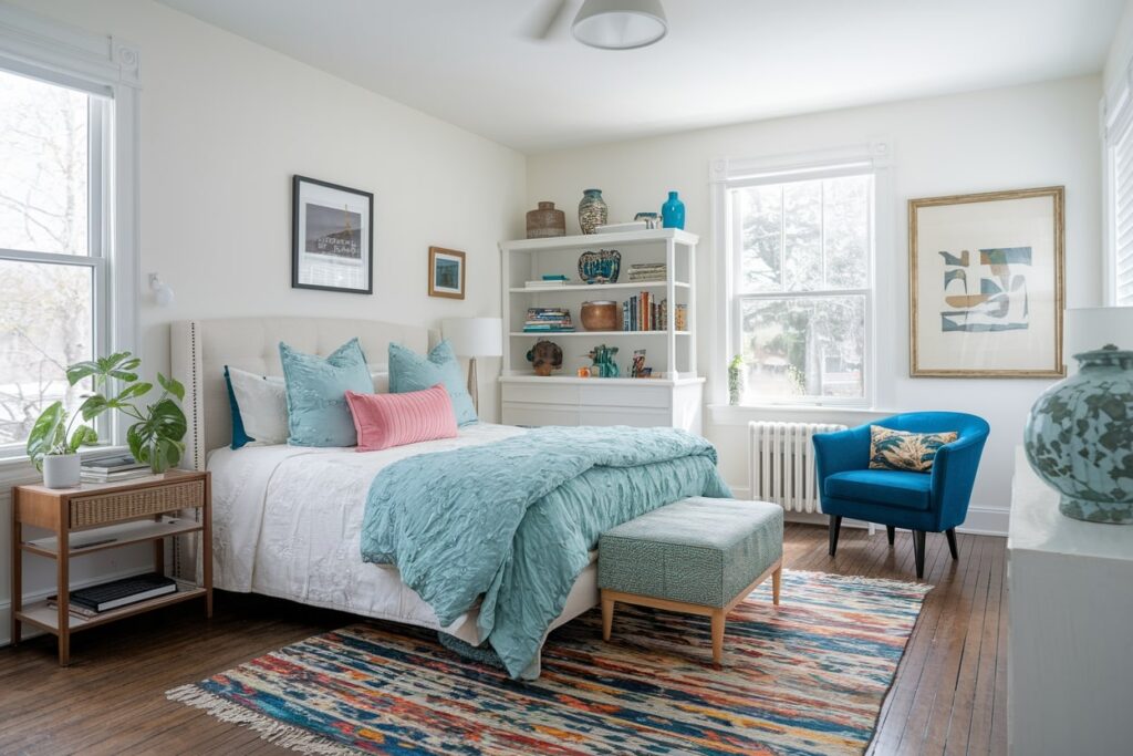 16 Eclectic Bedroom Ideas for a Fearlessly Curated Space eclectic bedroom with white walls, light blue throw blanket and pillows, pink accent pillow, colorful area rug, and blue accent armchair