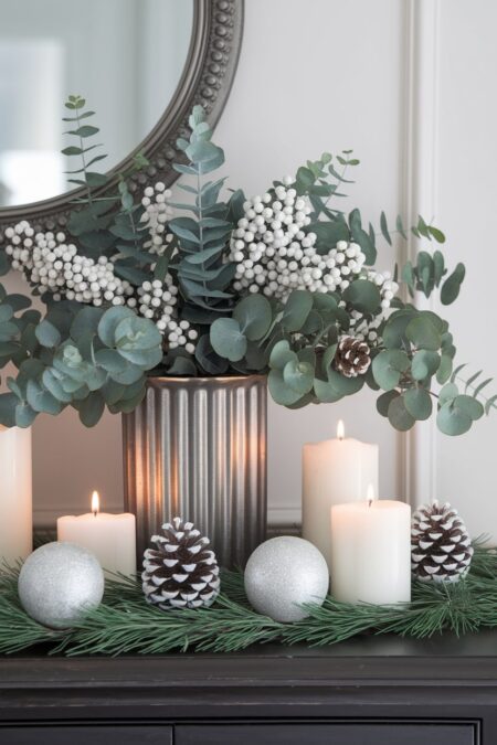 eucalyptus branches with white berries in a metallic vase as Christmas decor