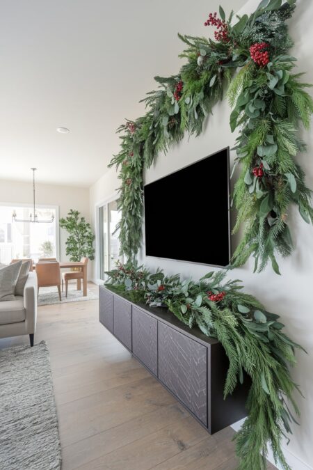evergreen garland draped over floating TV stand and a garland attached to the wall above the TV