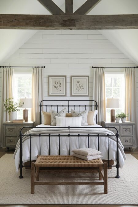 farmhouse bedroom with a black wrought iron bed frame