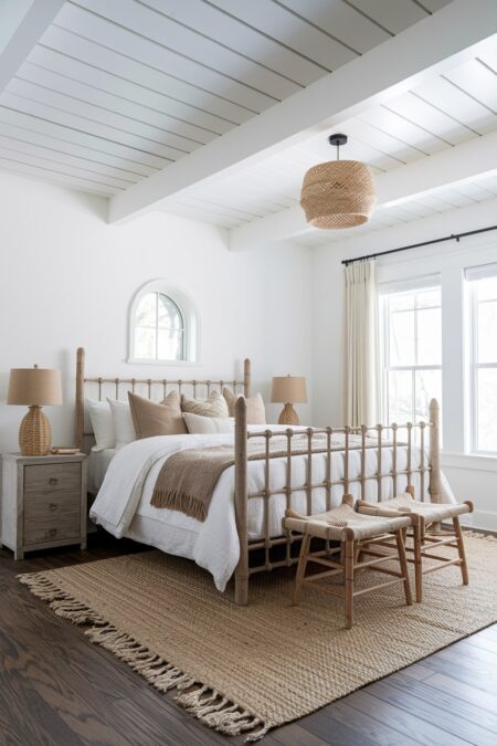 farmhouse bedroom with a jute rug, shiplap ceiling, and wooden bed frame
