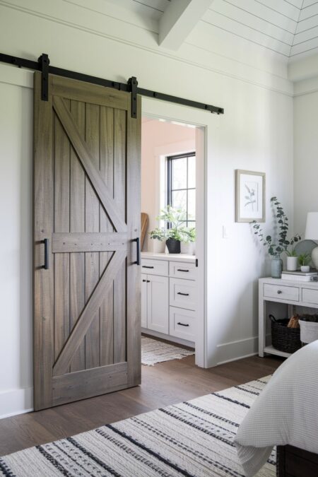 farmhouse bedroom with a sliding barn door to en-suite bathroom