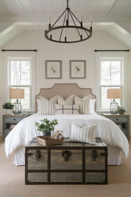 farmhouse bedroom with a vintage-style wooden trunk for storage placed at the foot of the bed