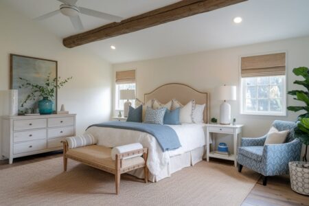farmhouse bedroom with blue accents and whitewashed dresser