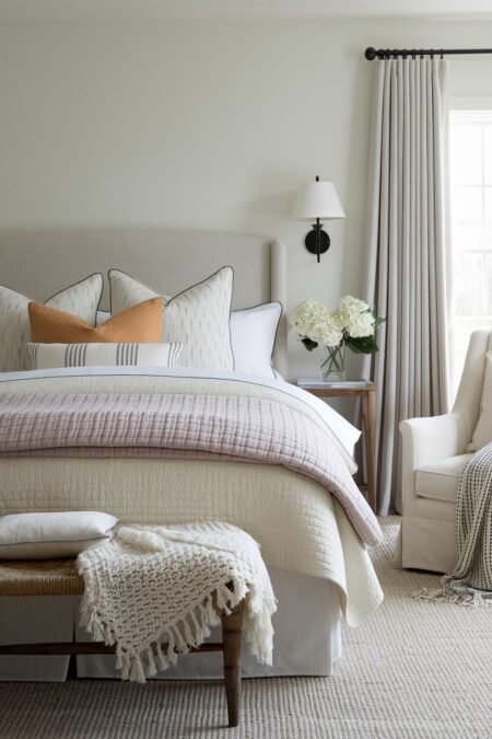 farmhouse bedroom with neutral, cozy layered textiles on the bed