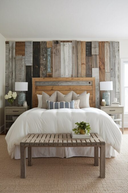 farmhouse bedroom with reclaimed wood headboard and accent wall, white bedding