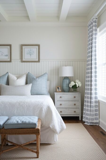 farmhouse bedroom with white beadboard wainscoting and light blue accent decor