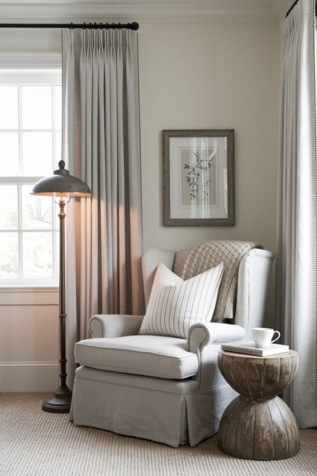 farmhouse interior with a slipcovered armchair, rustic wooden side table, and vintage-style floor lamp
