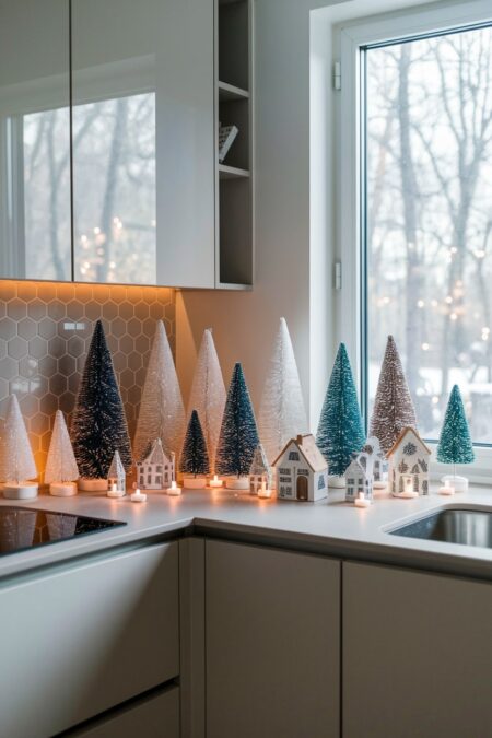 festive kitchen countertop and windowstill with bottle brush trees, tea light candles, and small houses as Christmas decorations
