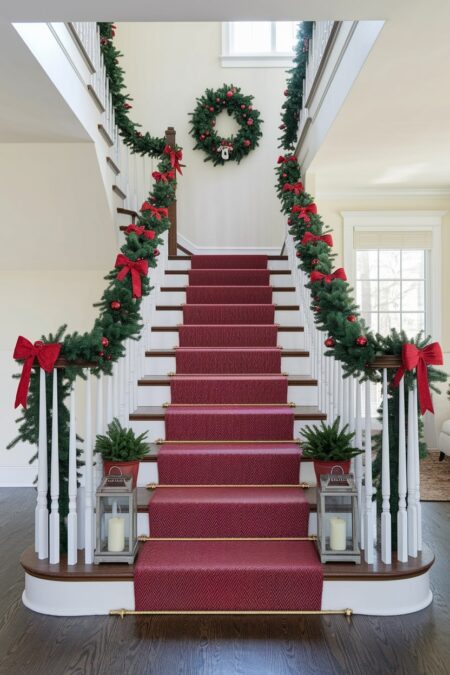 festive red staircase runner and lanterns with candles, garland weaved through banister spindles and red bows
