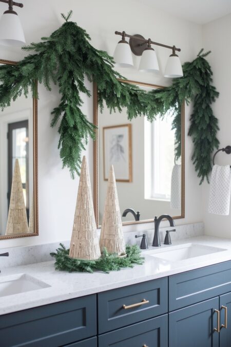 garland draped above bathroom mirror as Christmas decor