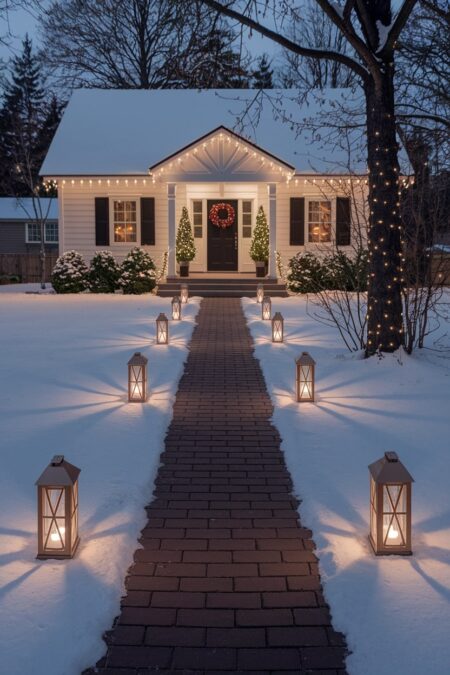 illuminated outdoor pathway with lanterns as Christmas decor