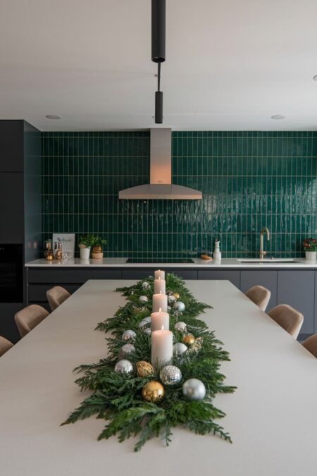 modern gray kitchen with green backsplash has kitchen table decorated for Christmas with greenery, silver and gold ornaments, and pillar candles